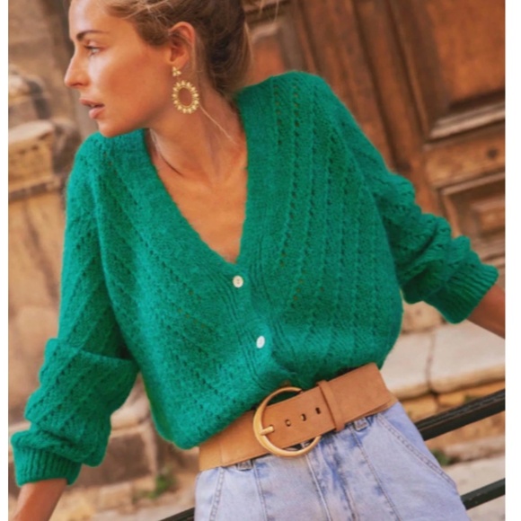 V-Cut Buttoned Down Green Knit Cardigan Textured, Long Sleeve - Picture 1 of 7